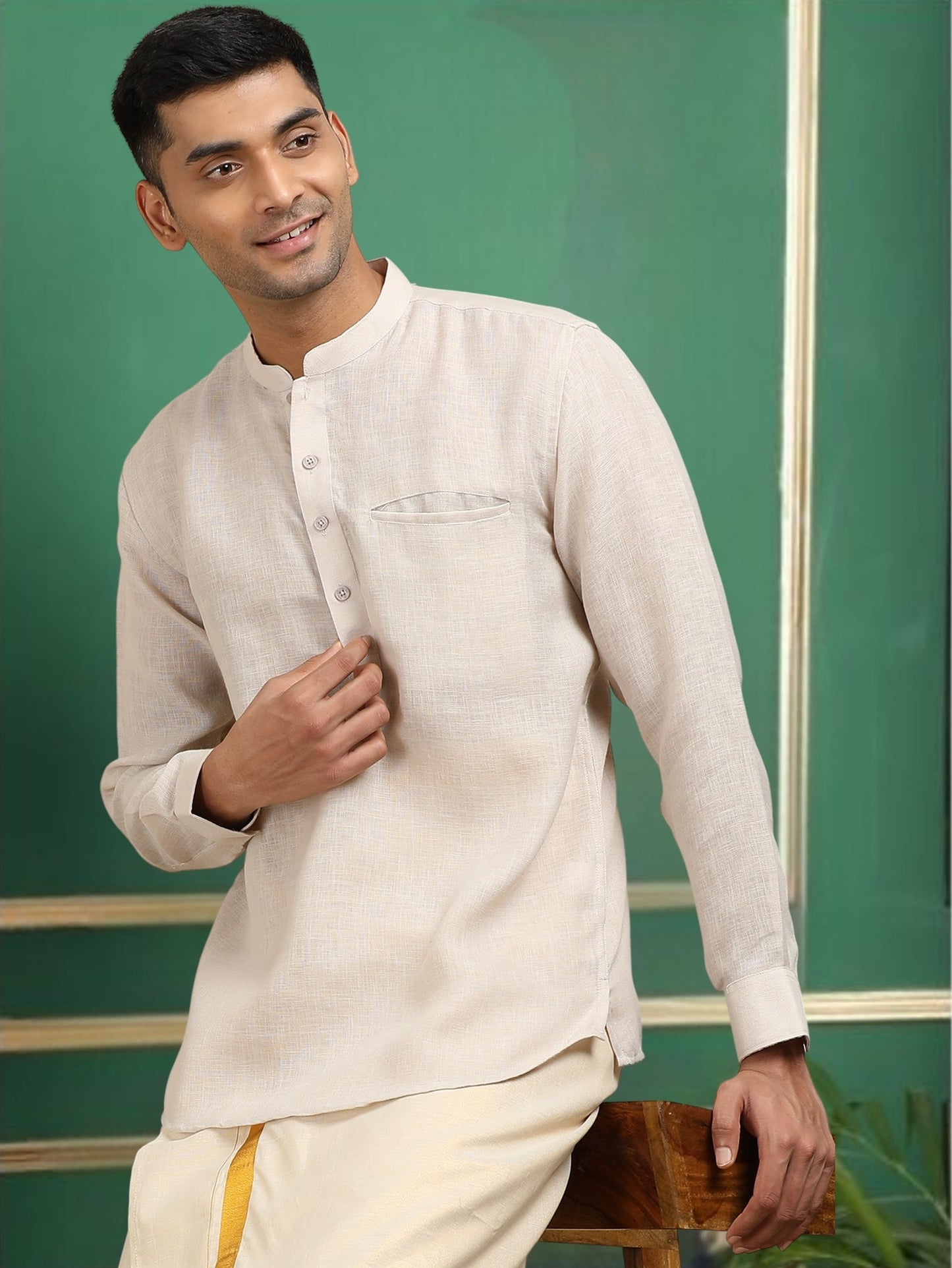Tattva Men Cream Solid Super Short Kurta