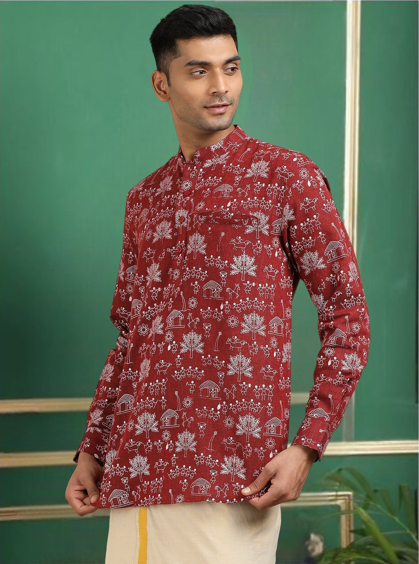 Tattva Men Maroon Printed Super Short Kurta