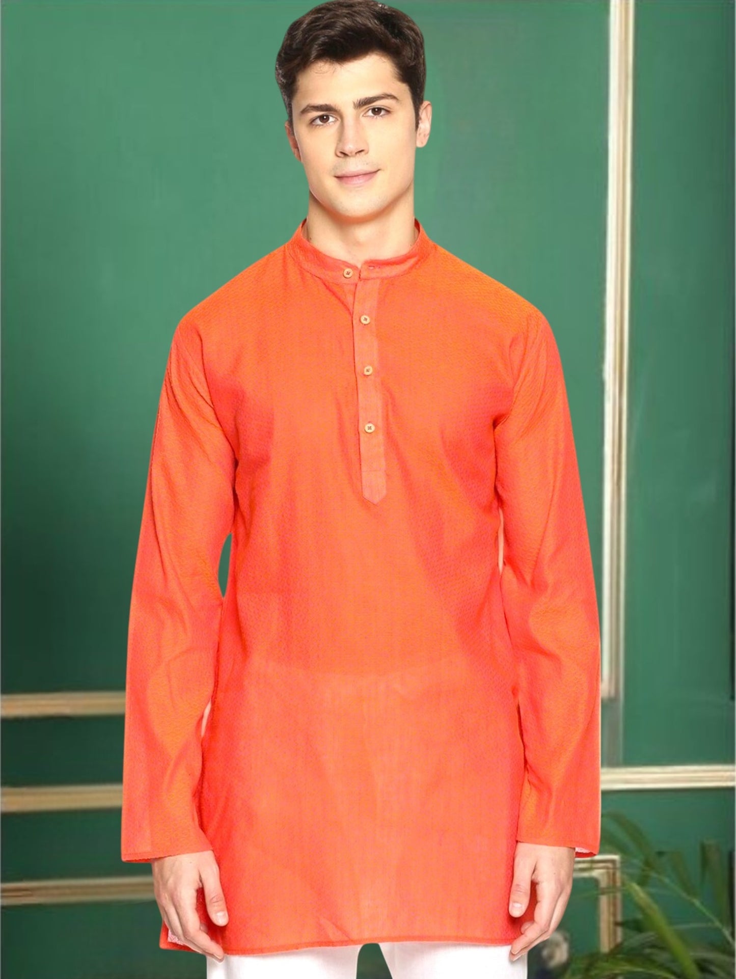 Orange Cotton Printed Straight Short Kurta