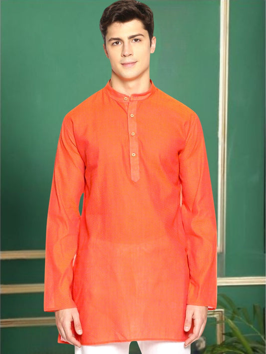Orange Cotton Printed Straight Short Kurta