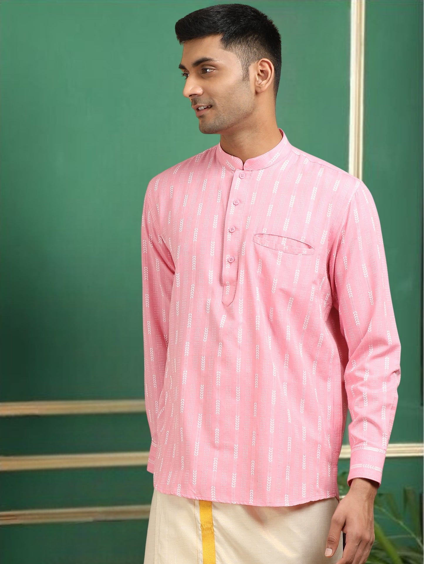 Tattva Men Pink Striped Super Short Kurta