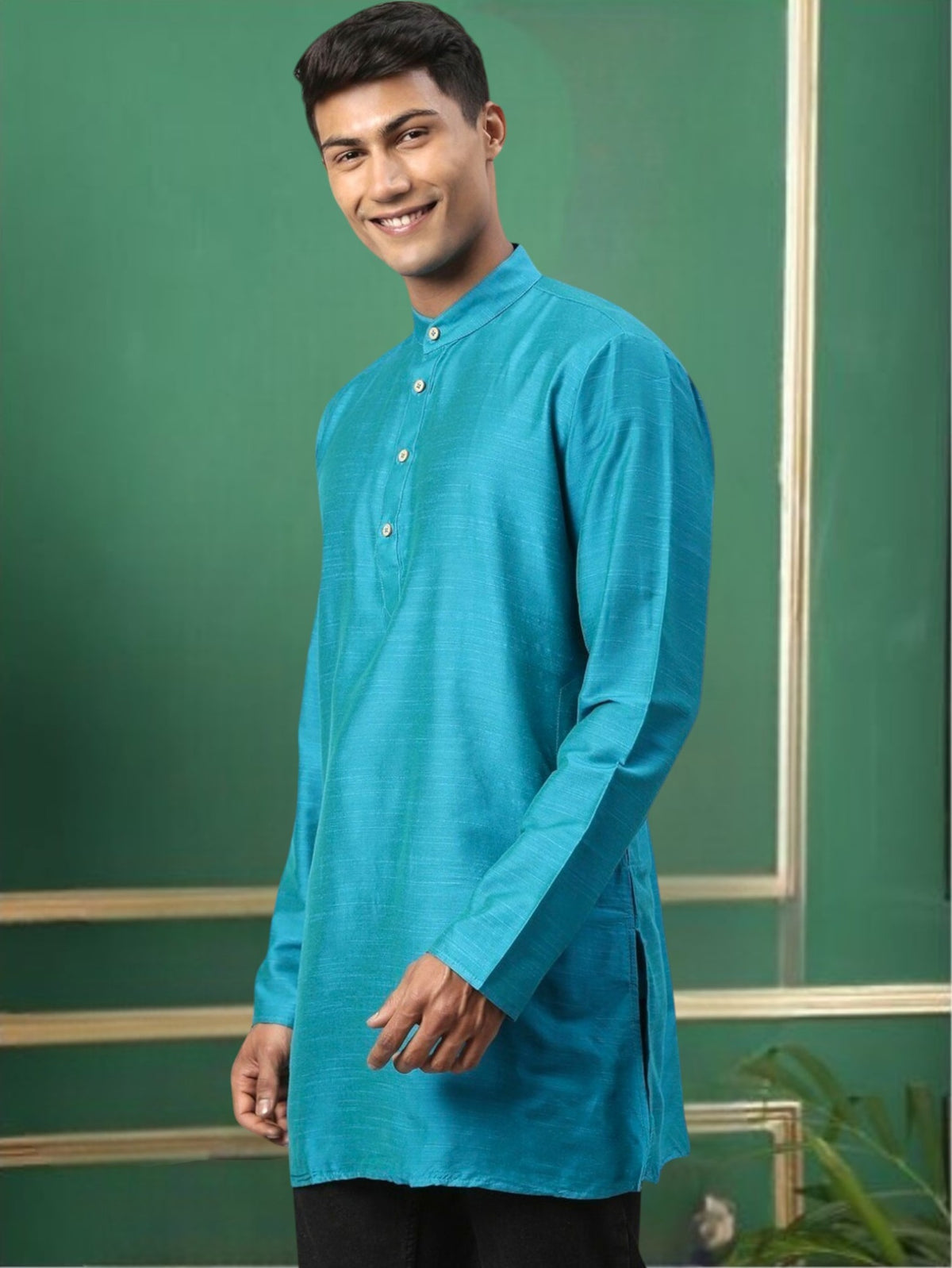 Blue Greenish Cotton Straight Short Kurta