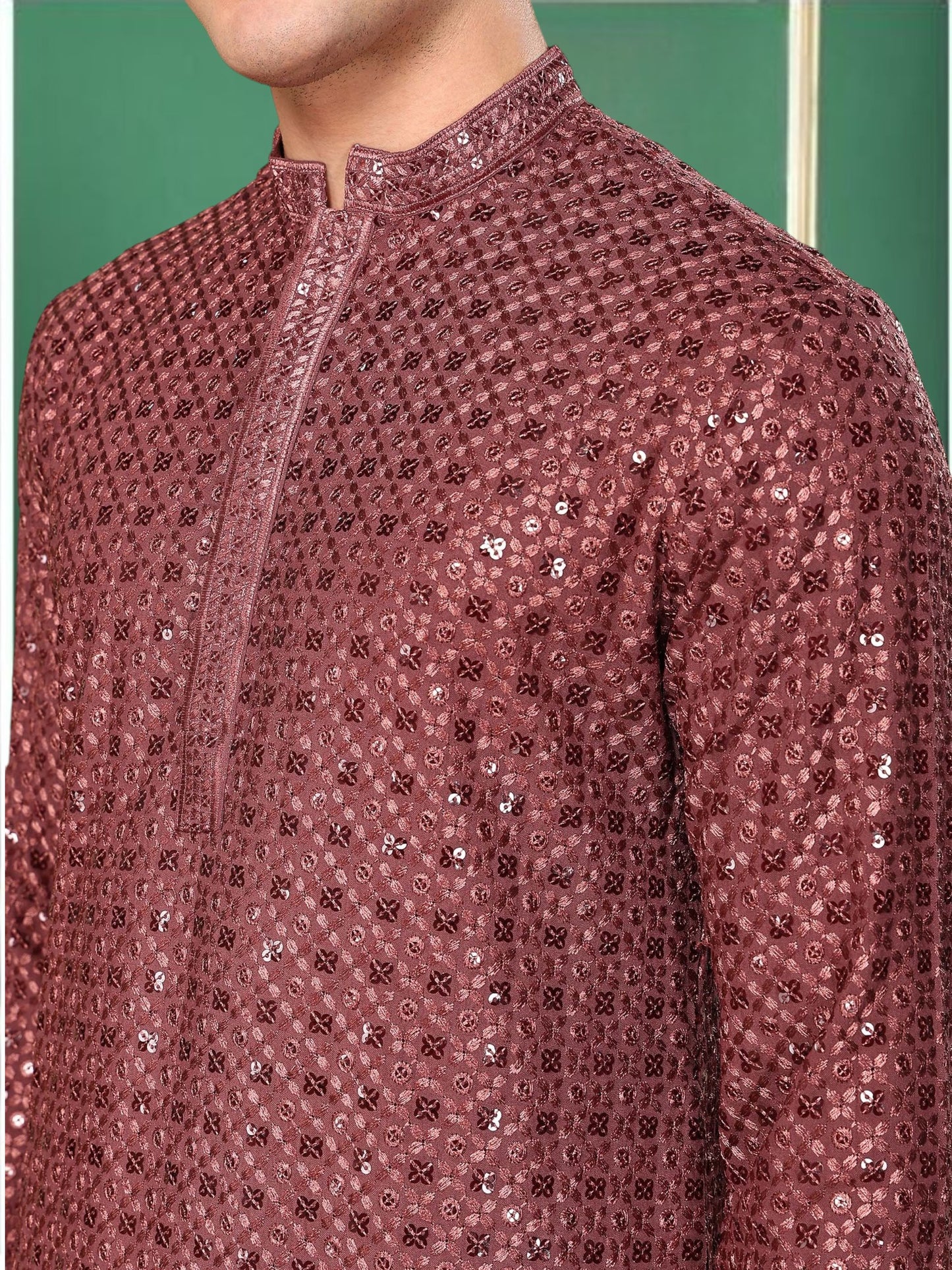 Tattva Floral Embroidered Sequined Mandarin Collar Straight Kurta