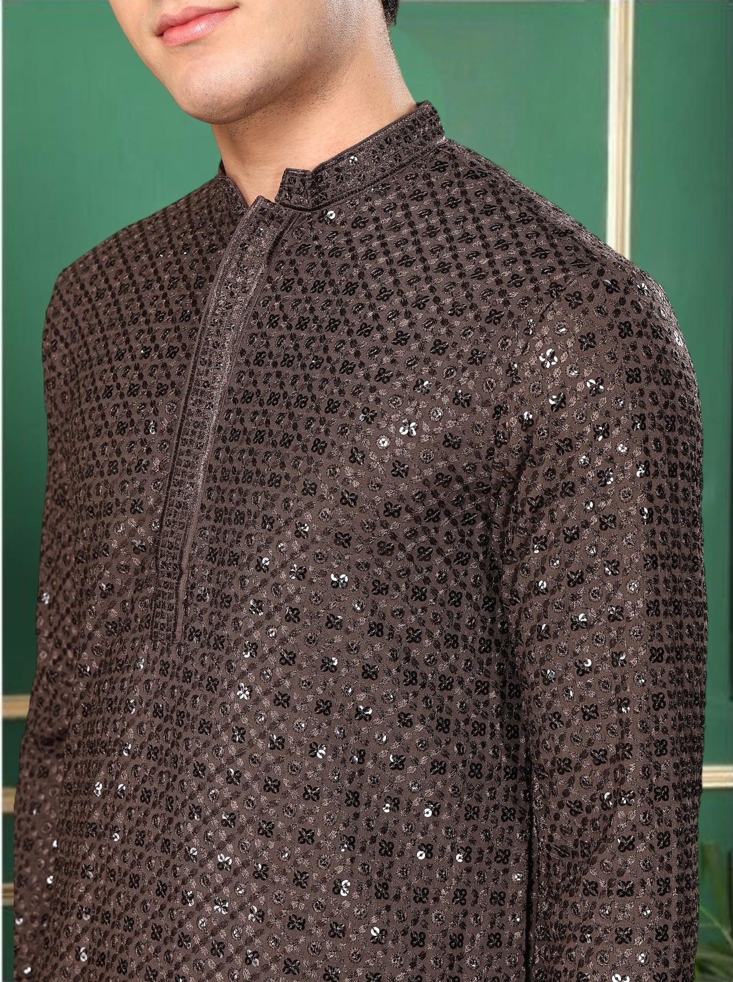 Tattva Chocolate Toned Sequined Thread Work Long Kurta With Pyjama