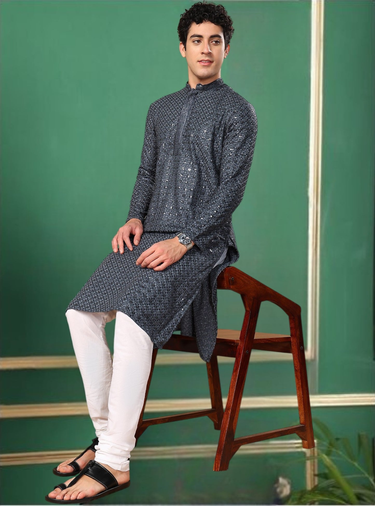 Tattva Blue Toned Sequined Thread Work Long Kurta With Pyjama