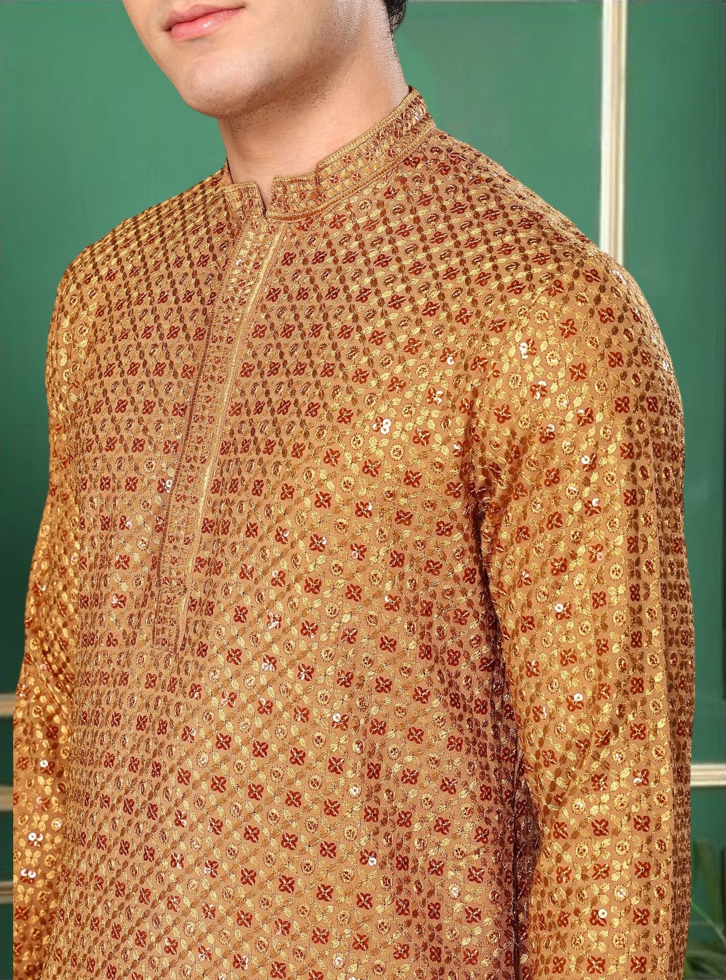 Tattva Rust Toned Sequined Thread Work Long Kurta With Pyjama