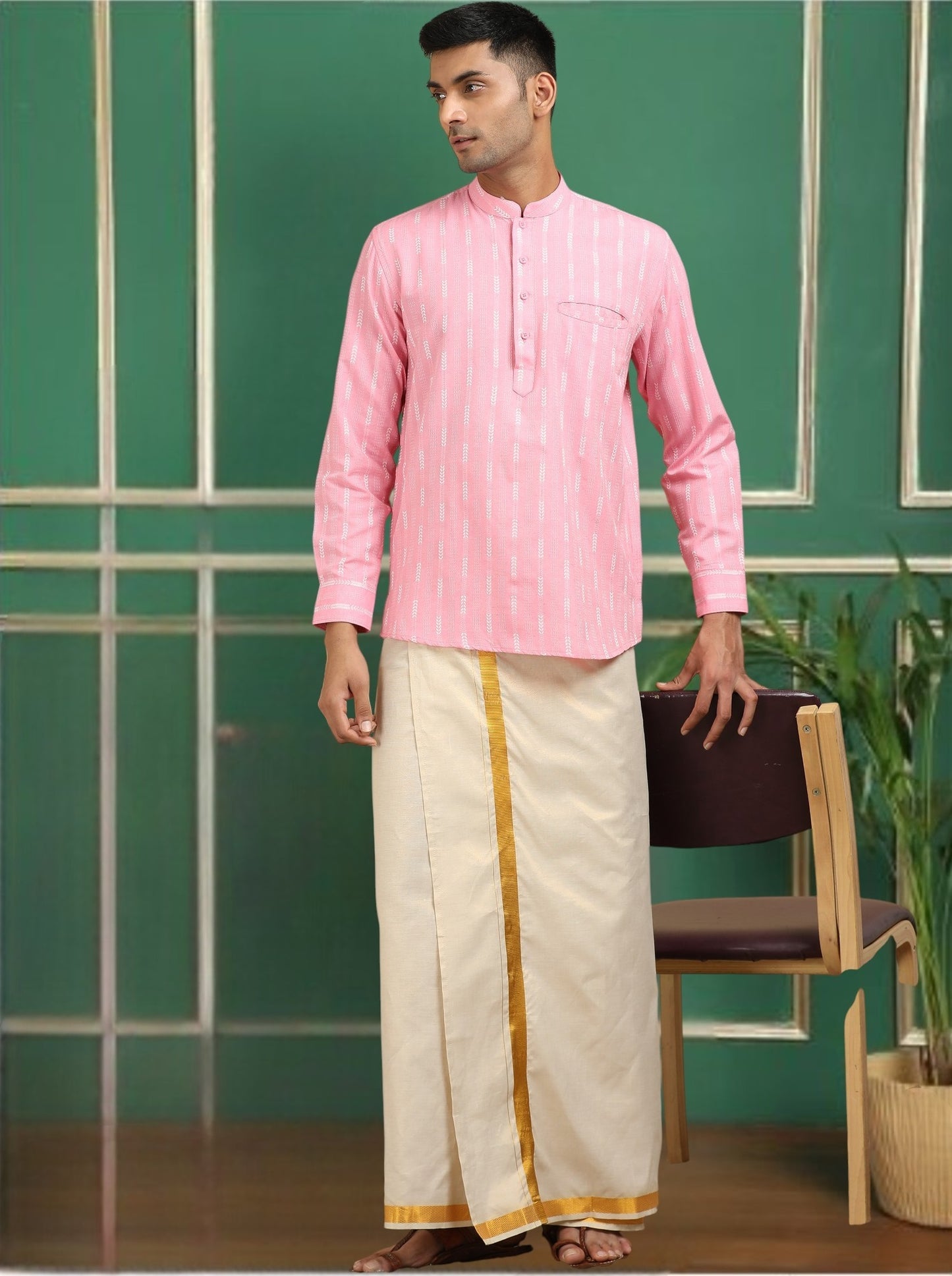 Tattva Men Pink Striped Super Short Kurta