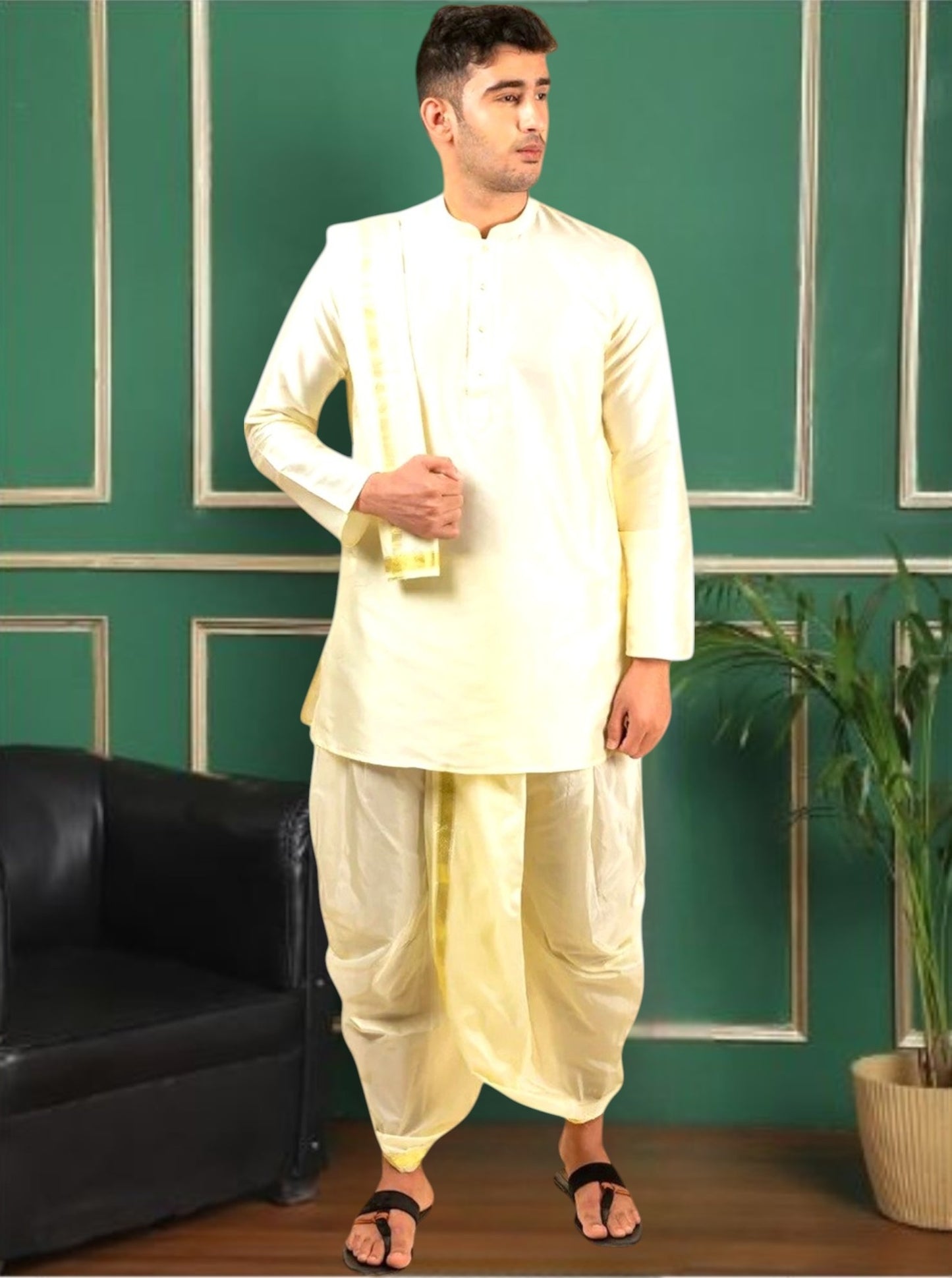 Cream Art Silk Kurta With Dhoti & Dupatta Set