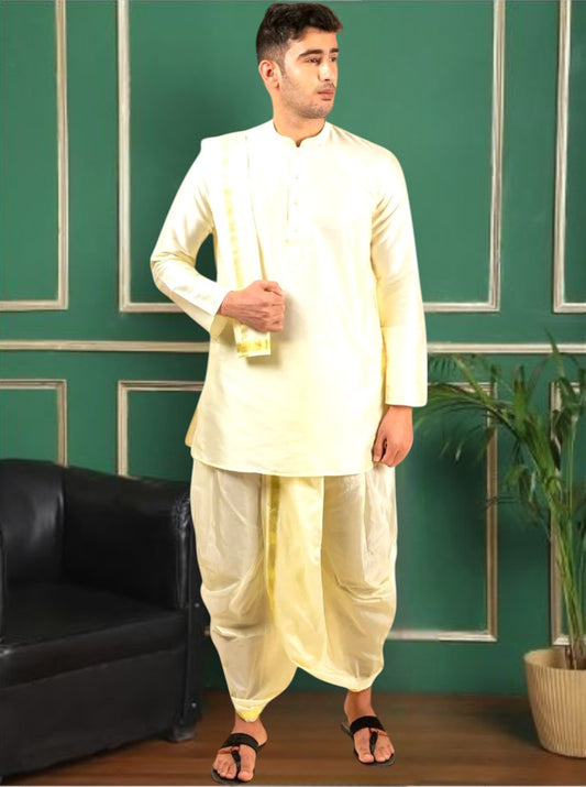 Cream Art Silk Kurta With Dhoti & Dupatta Set