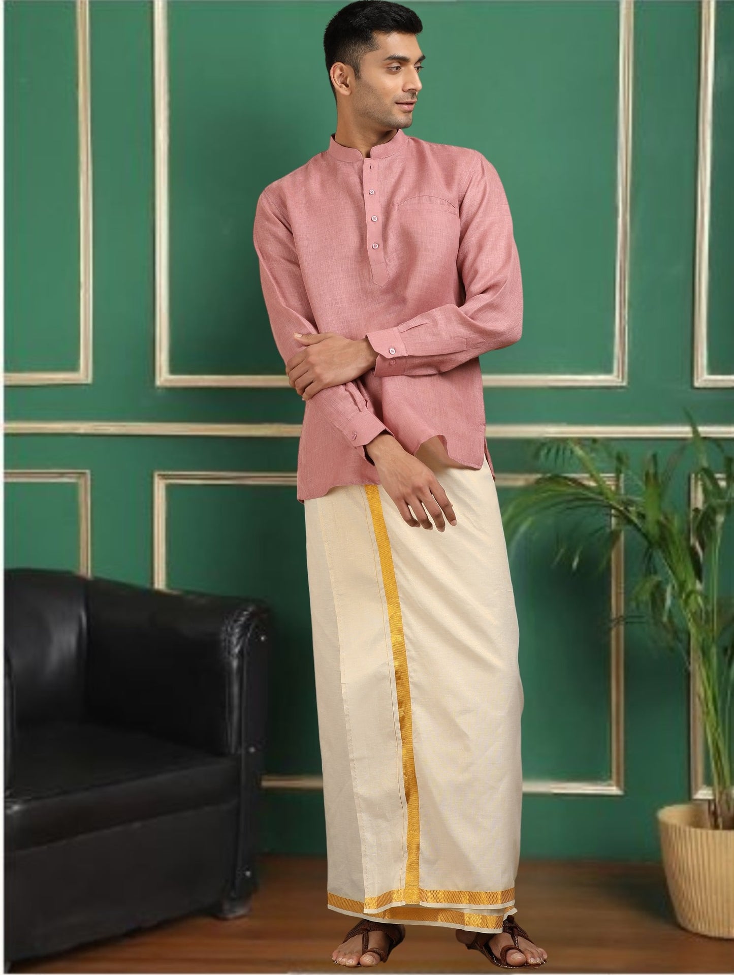 Tattva Men Peach Solid Super Short Kurta