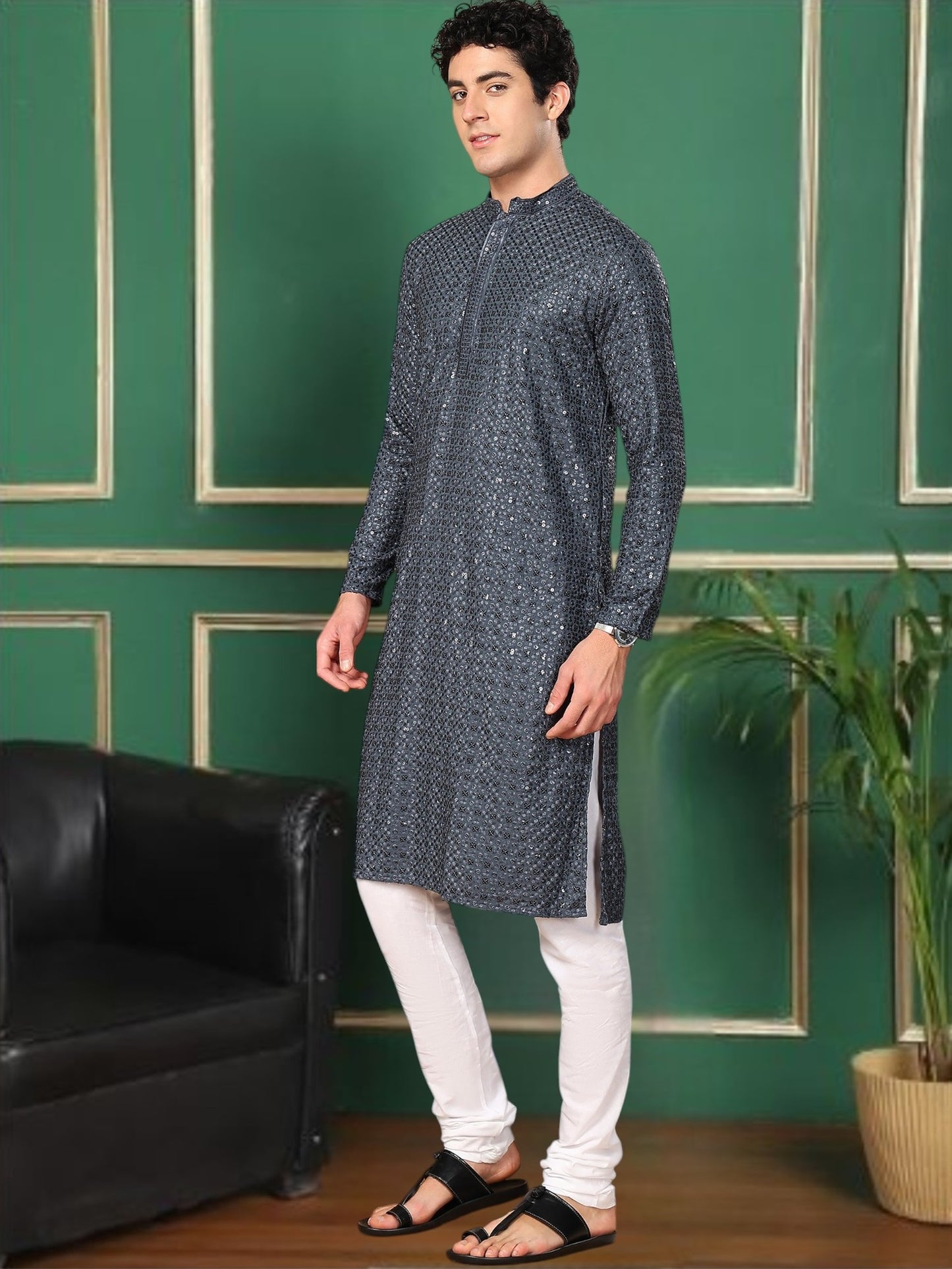 Tattva Blue Toned Sequined Thread Work Long Kurta With Pyjama