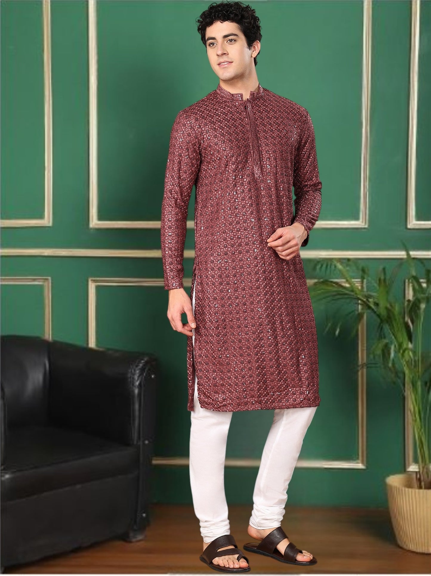 Tattva Burgundy Toned Sequined Thread Work Long Kurta With Pyjama