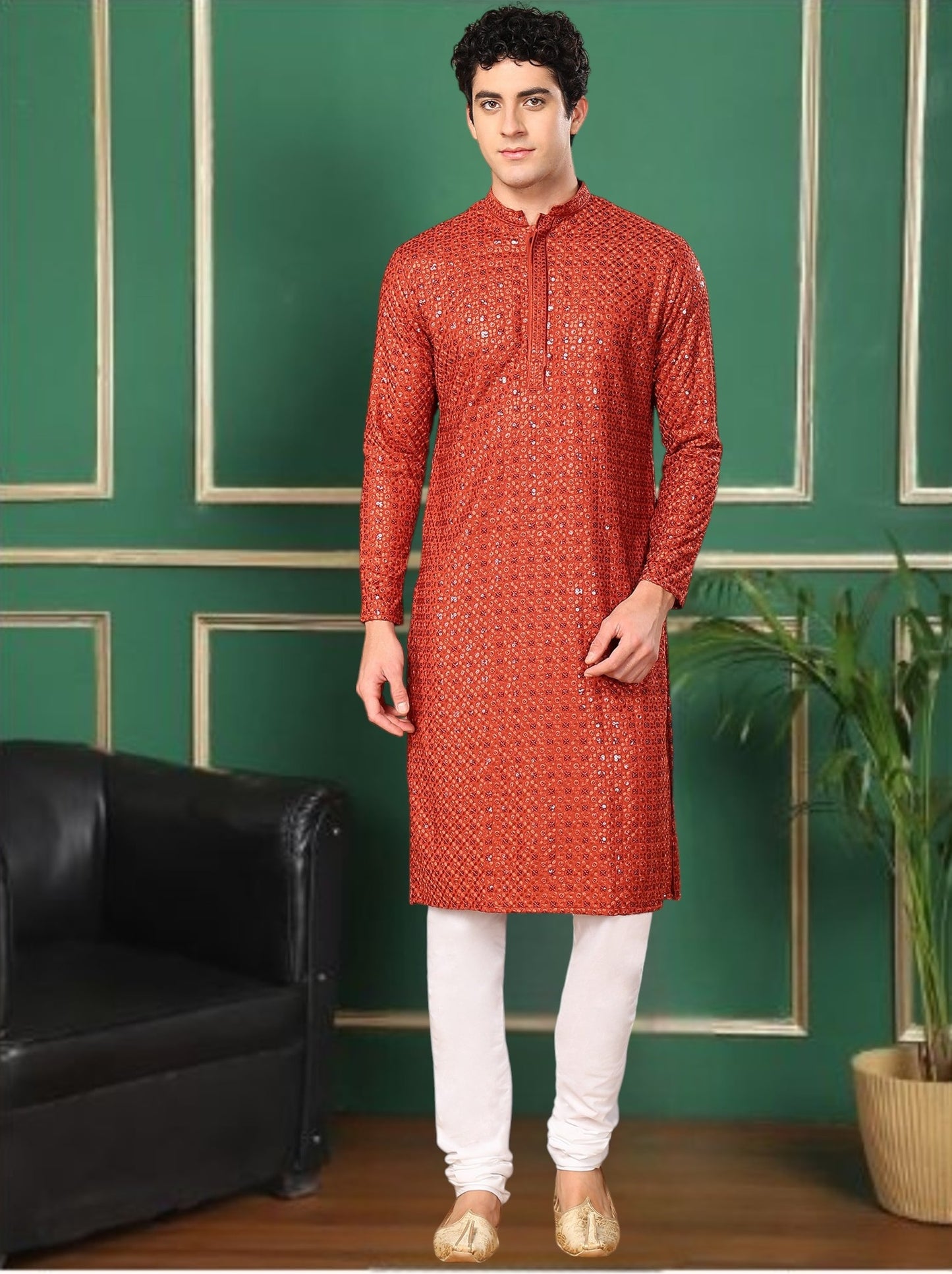 Tattva Candy Red Toned Sequined Thread Work Long Kurta With Pyjama