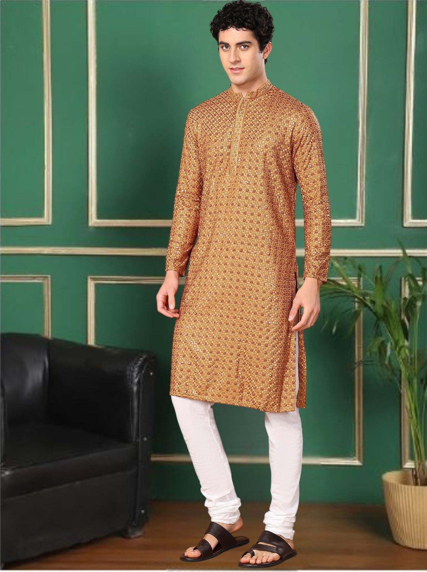 Tattva Rust Toned Sequined Thread Work Long Kurta With Pyjama