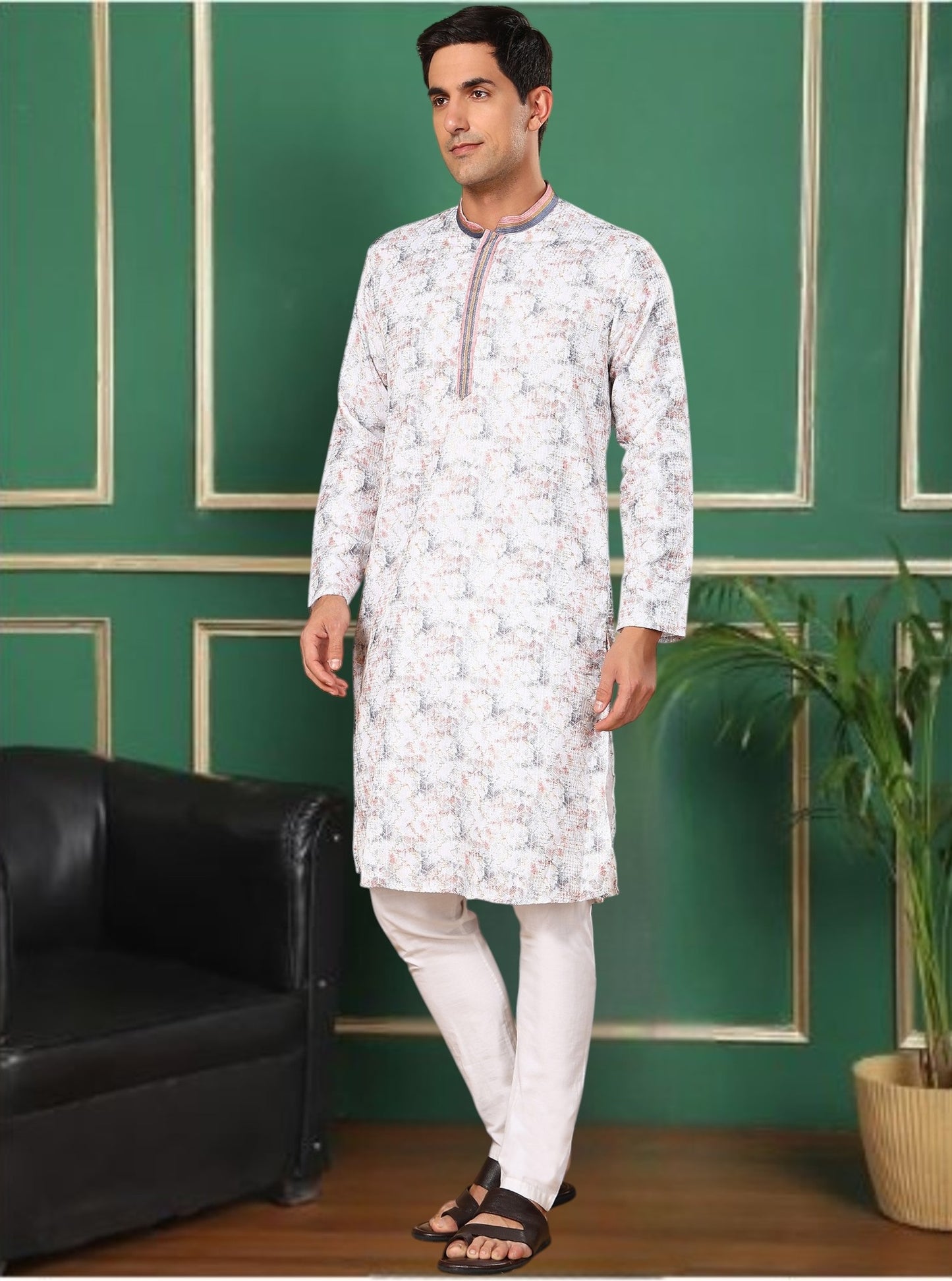 Tattva Men's Embroidered Thread Work Sequined Kurta
