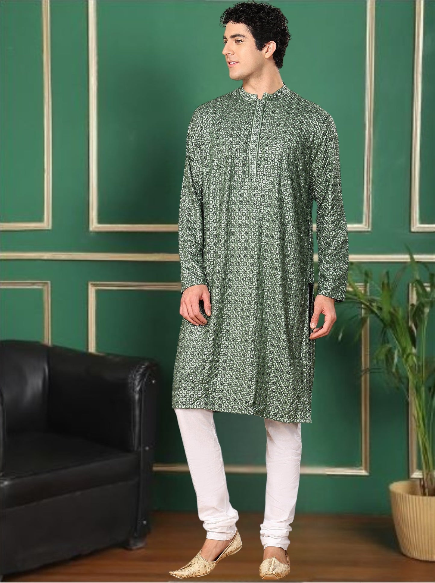 Tattva Wet Mousse Toned Sequined Thread Work Long Kurta With Pyjama