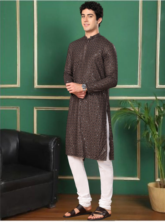 Tattva Chocolate Toned Sequined Thread Work Long Kurta With Pyjama