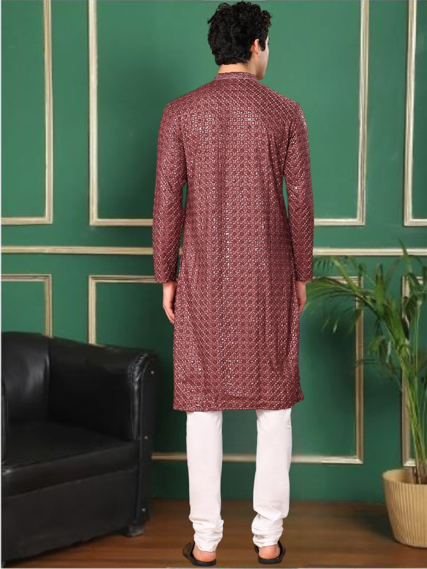 Tattva Floral Embroidered Sequined Mandarin Collar Straight Kurta