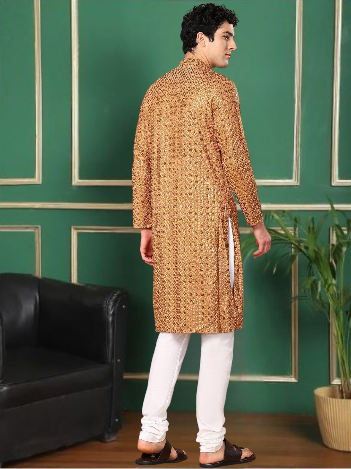 Tattva Rust Toned Sequined Thread Work Long Kurta With Pyjama