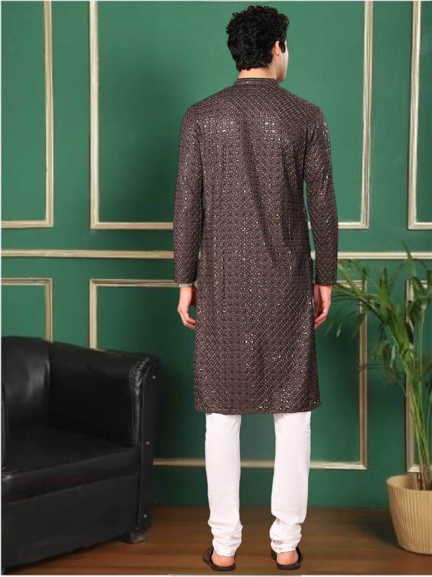 Tattva Chocolate Toned Sequined Thread Work Long Kurta With Pyjama