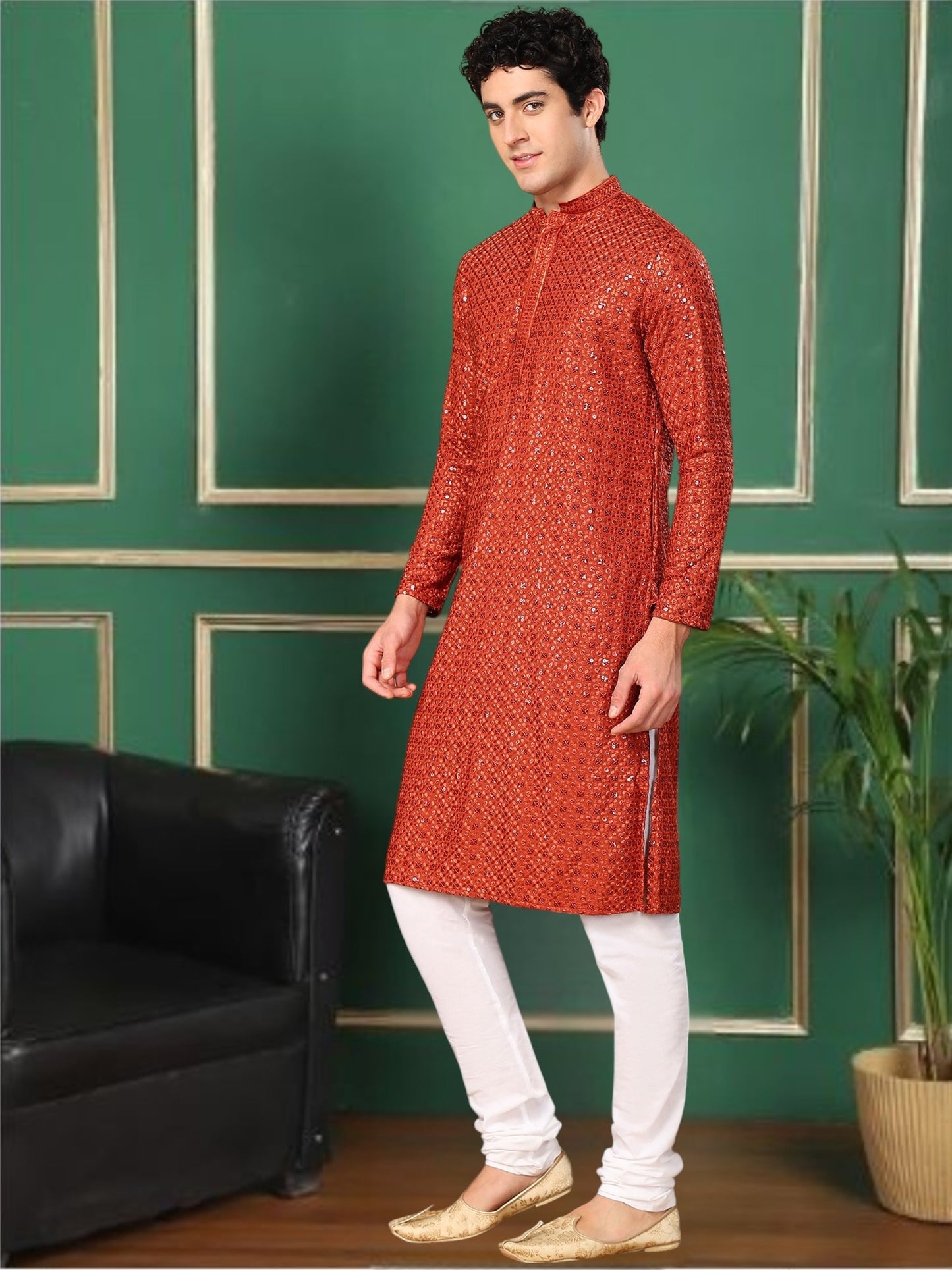 Tattva Candy Red Toned Sequined Thread Work Long Kurta With Pyjama