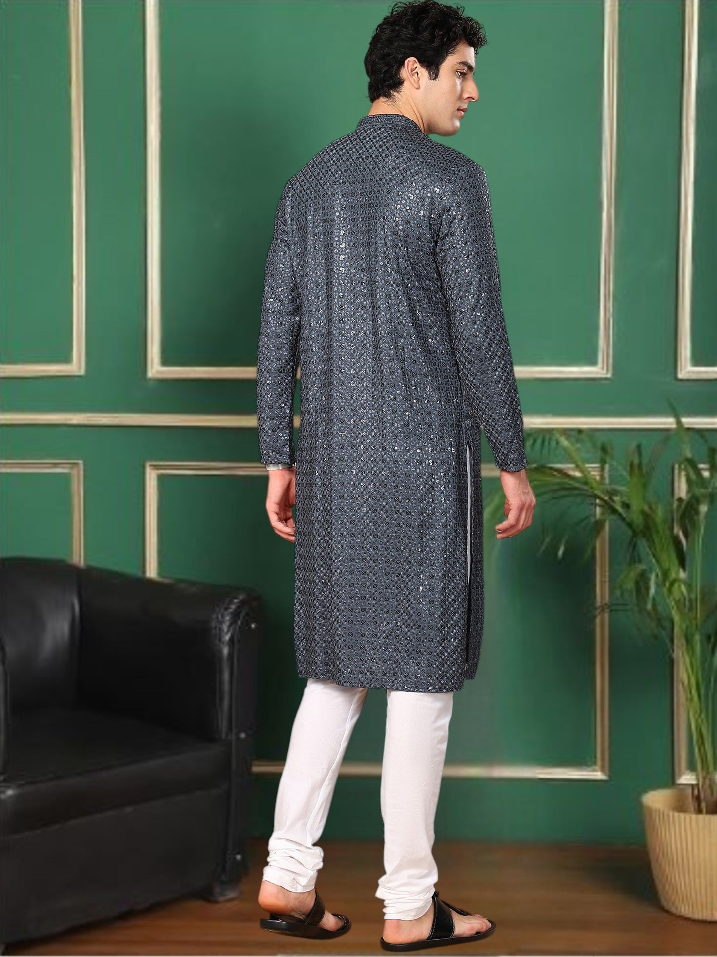 Tattva Blue Toned Sequined Thread Work Long Kurta With Pyjama