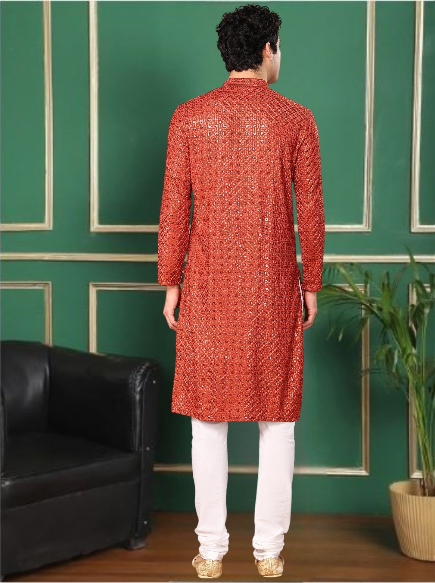 Tattva Candy Red Toned Sequined Thread Work Long Kurta With Pyjama