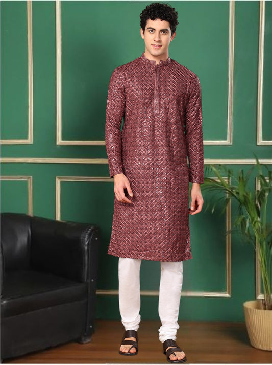 Tattva Burgundy Toned Sequined Thread Work Long Kurta With Pyjama