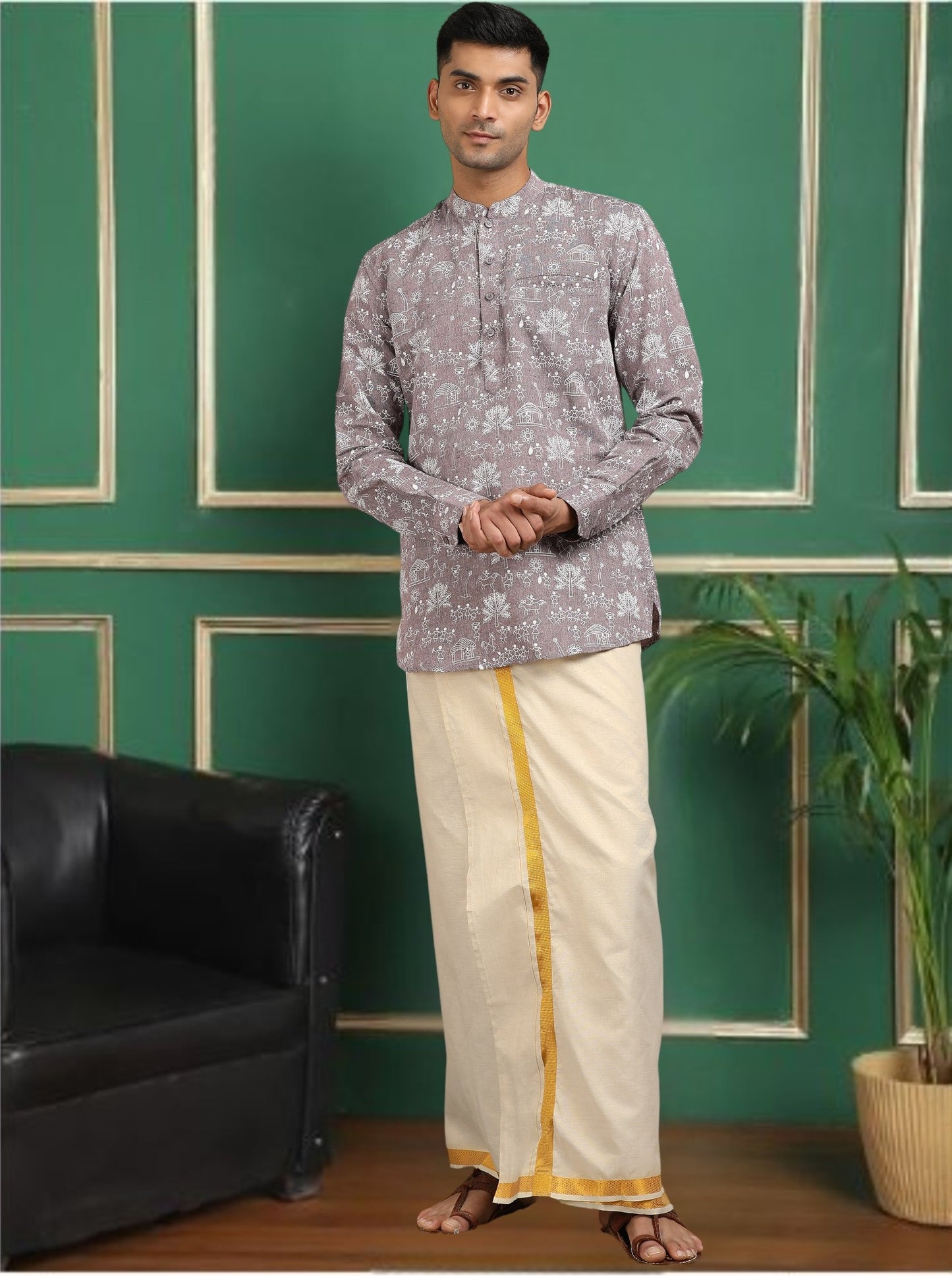 Tattva Men Grey Printed Super Short Kurta