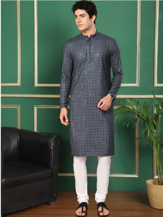 Tattva Blue Toned Sequined Thread Work Long Kurta With Pyjama