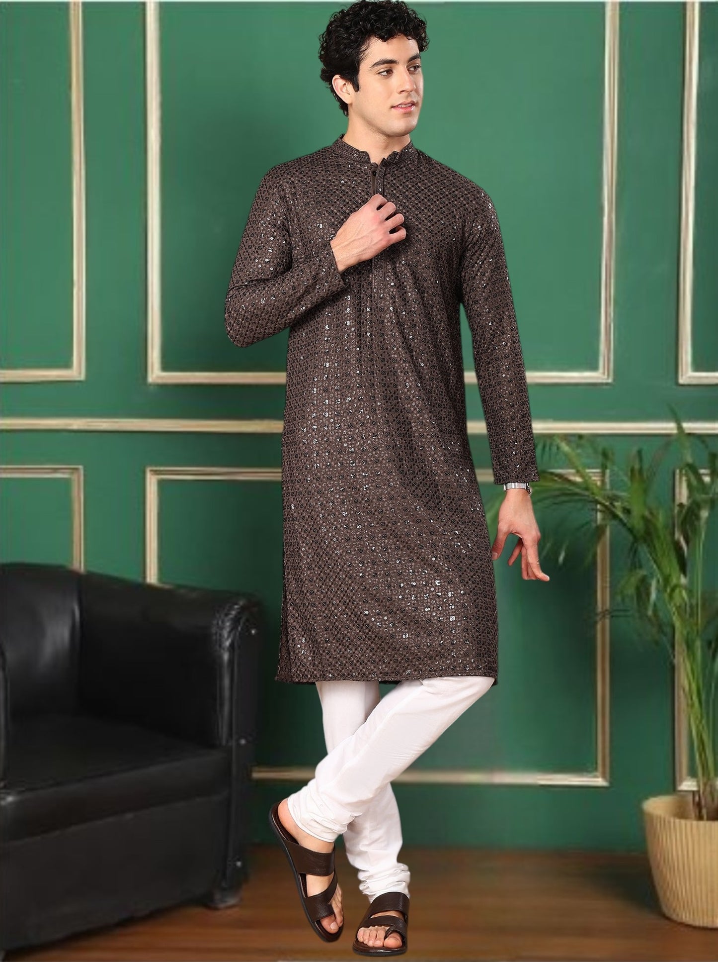 Tattva Chocolate Toned Sequined Thread Work Long Kurta With Pyjama