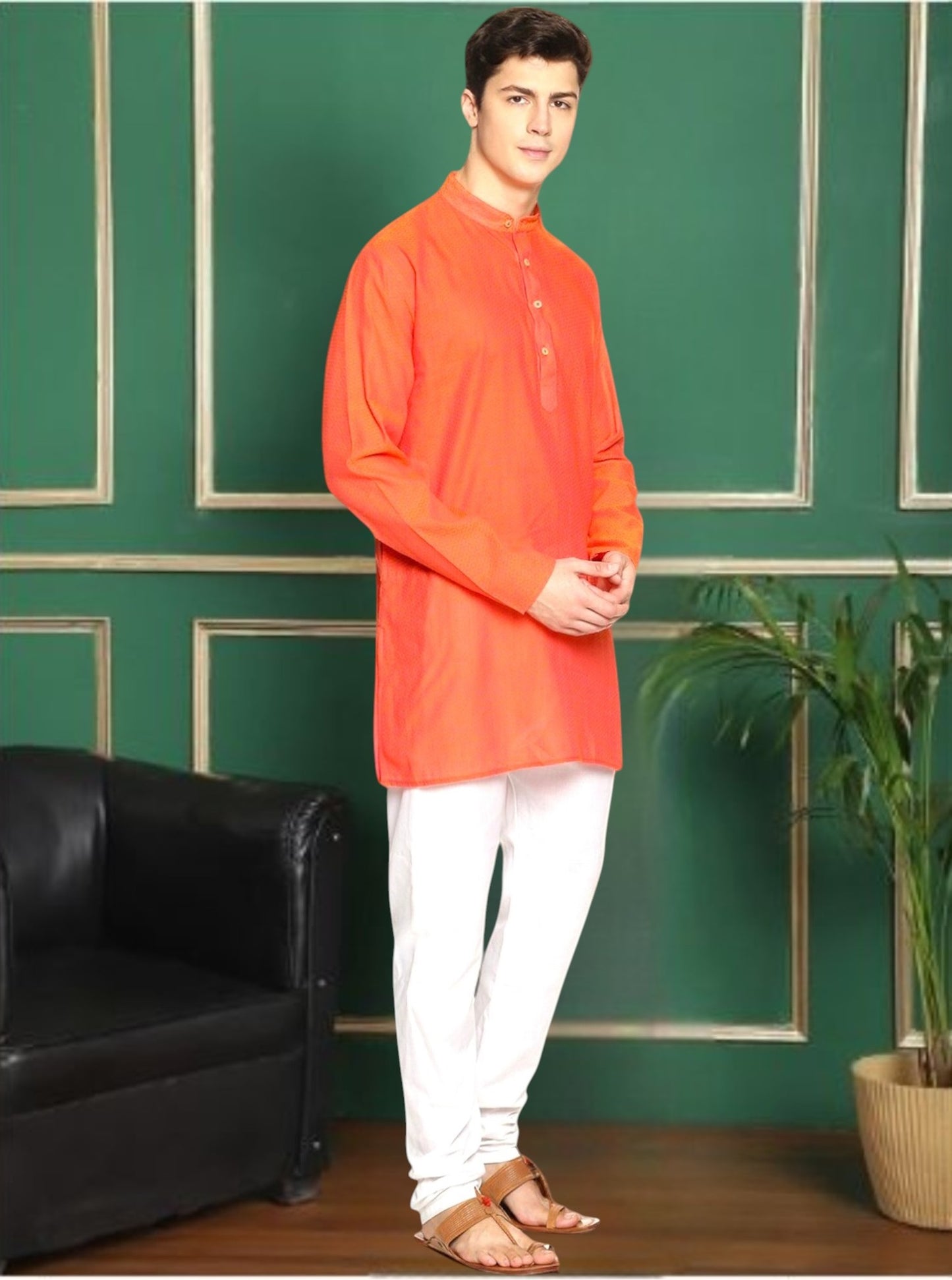 Orange Cotton Printed Straight Short Kurta