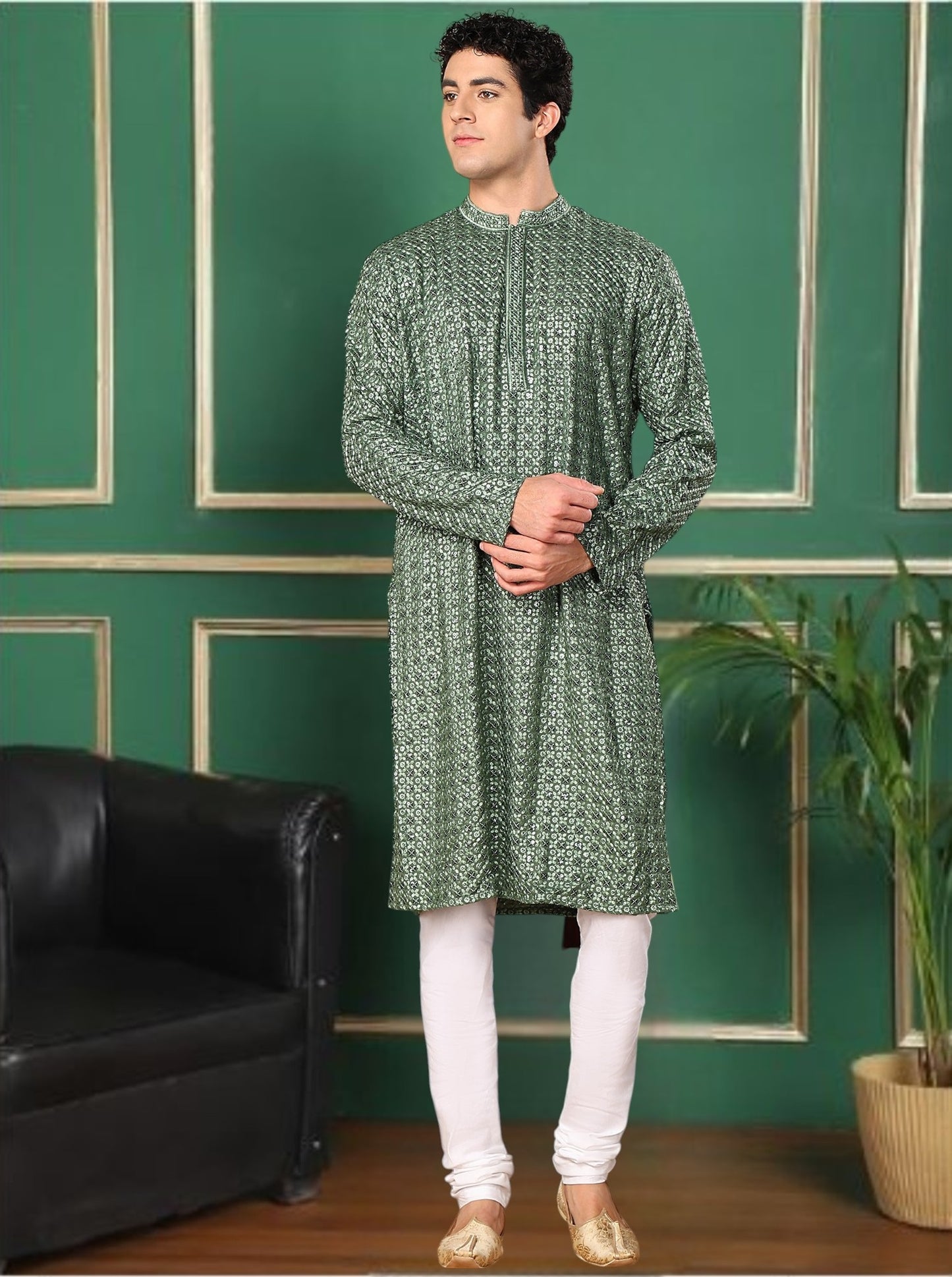 Tattva Wet Mousse Toned Sequined Thread Work Long Kurta With Pyjama