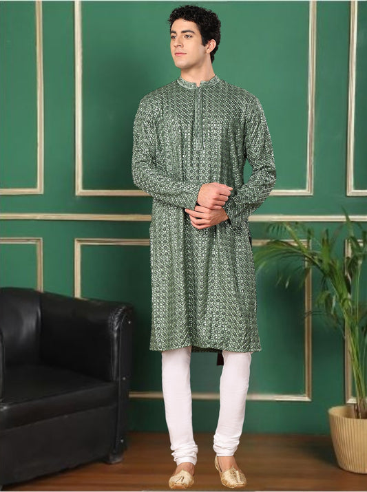 Tattva Wet Mousse Toned Sequined Thread Work Long Kurta With Pyjama