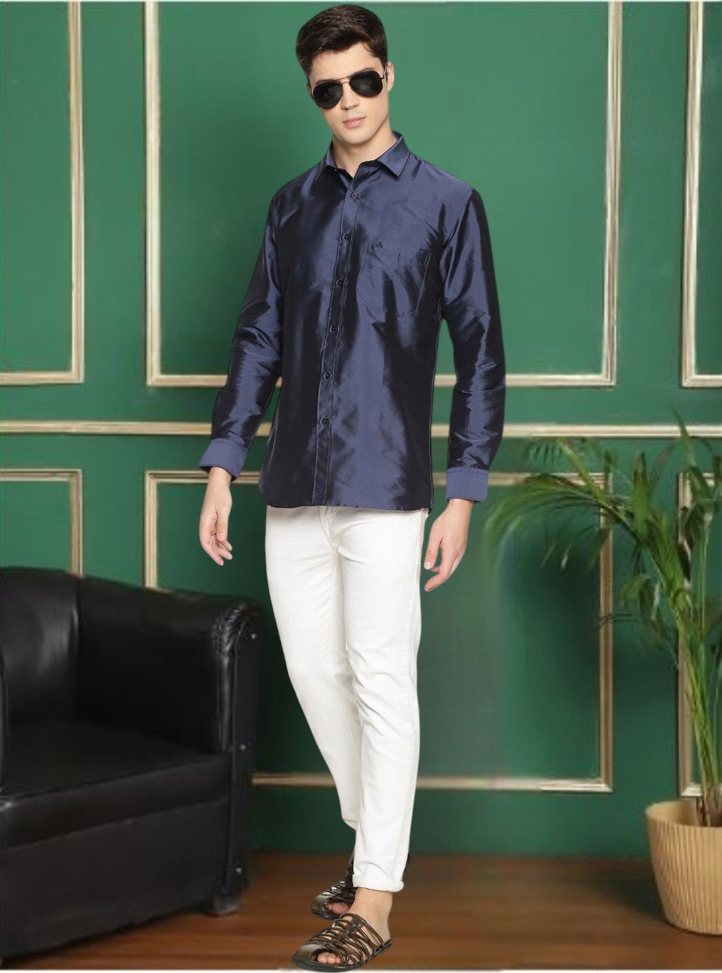 Tattva Men Navy Blue Slim Fit Solid Party Shirt