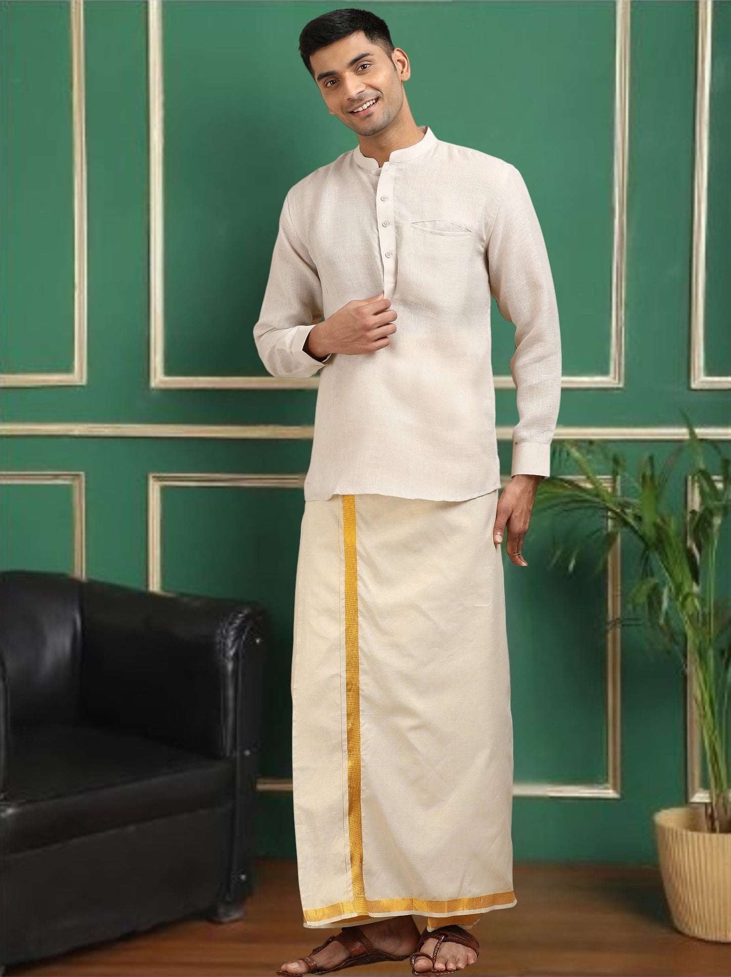 Tattva Men Cream Solid Super Short Kurta