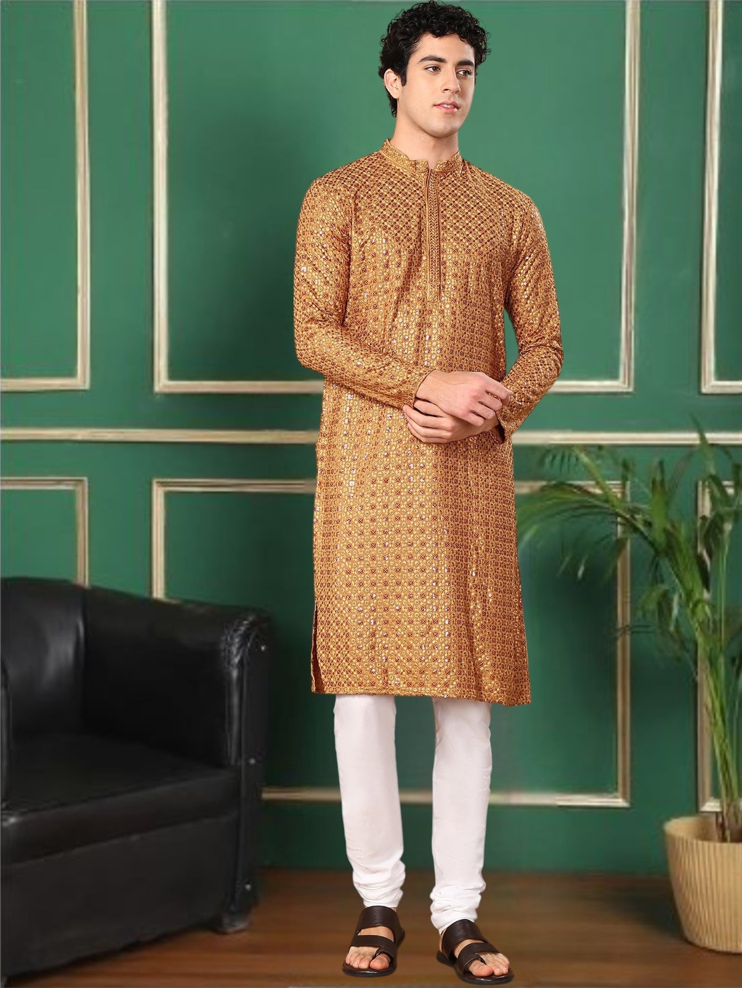 Tattva Rust Toned Sequined Thread Work Long Kurta With Pyjama