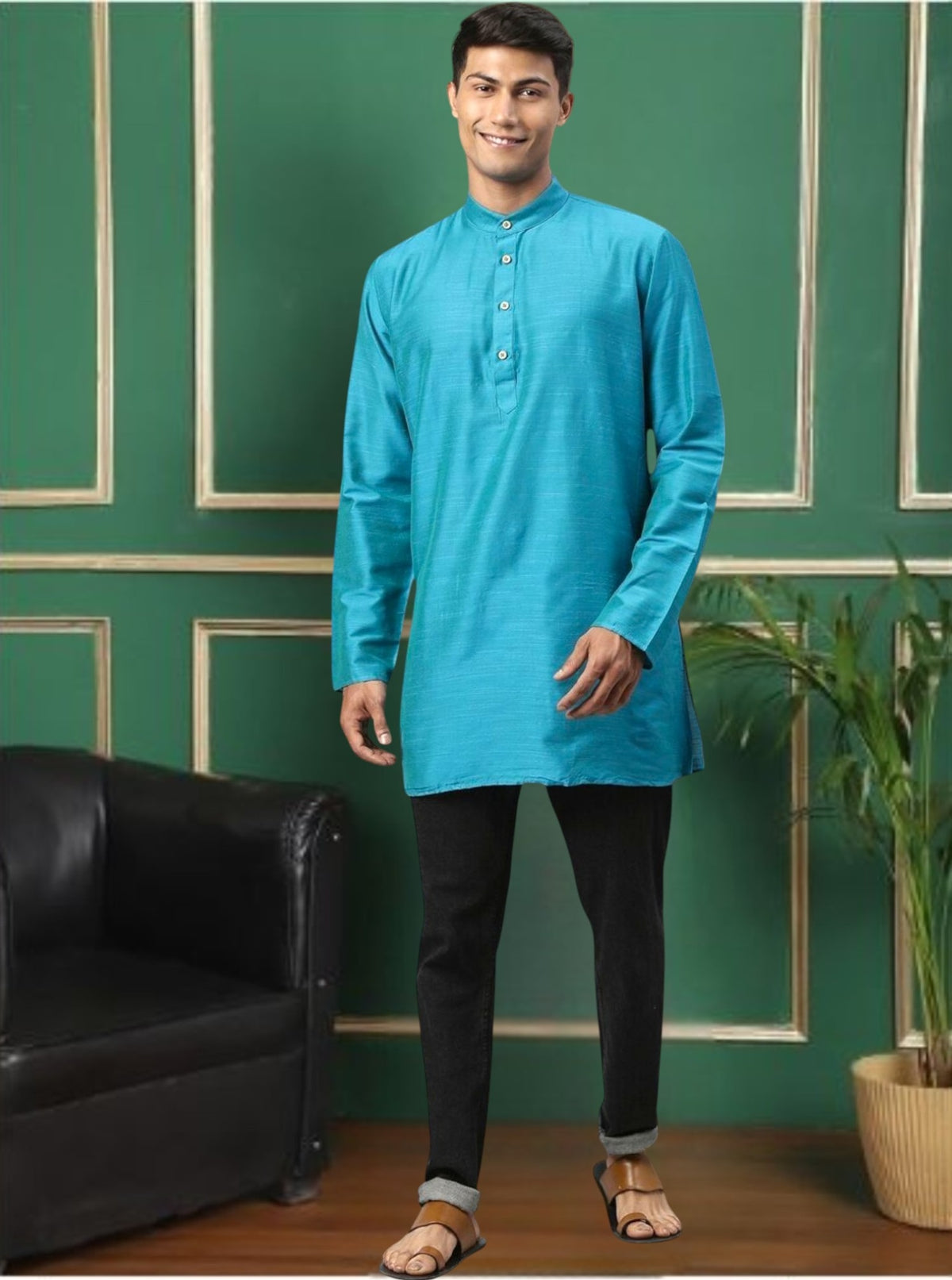 Blue Greenish Cotton Straight Short Kurta