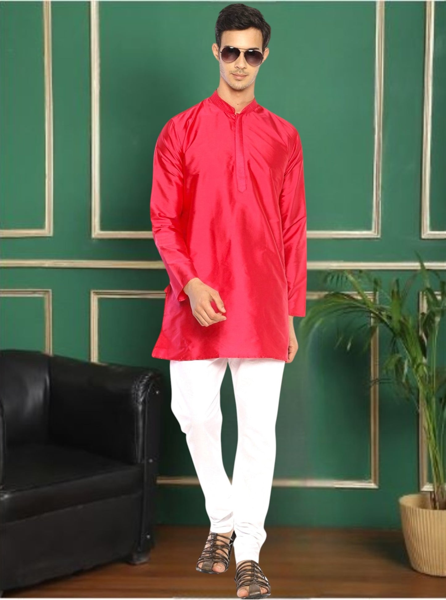 Pink Polyester Solid Straight Kurta