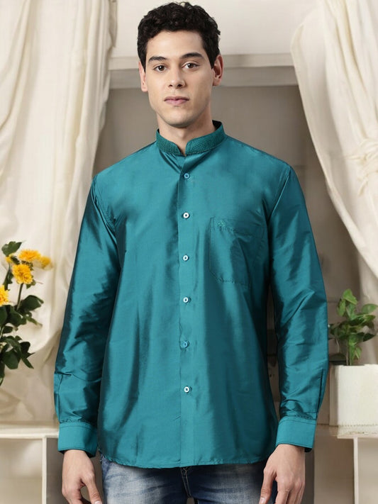 Sea Green Color Art Silk Slim Fit Solid Party Shirt