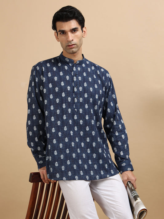 Tattva Men Floral Printed Woven Thread Super Short Kurta