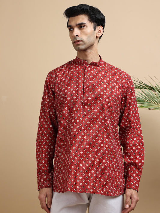 Tattva Men Geometric Printed Woven Thread Super Short Kurta