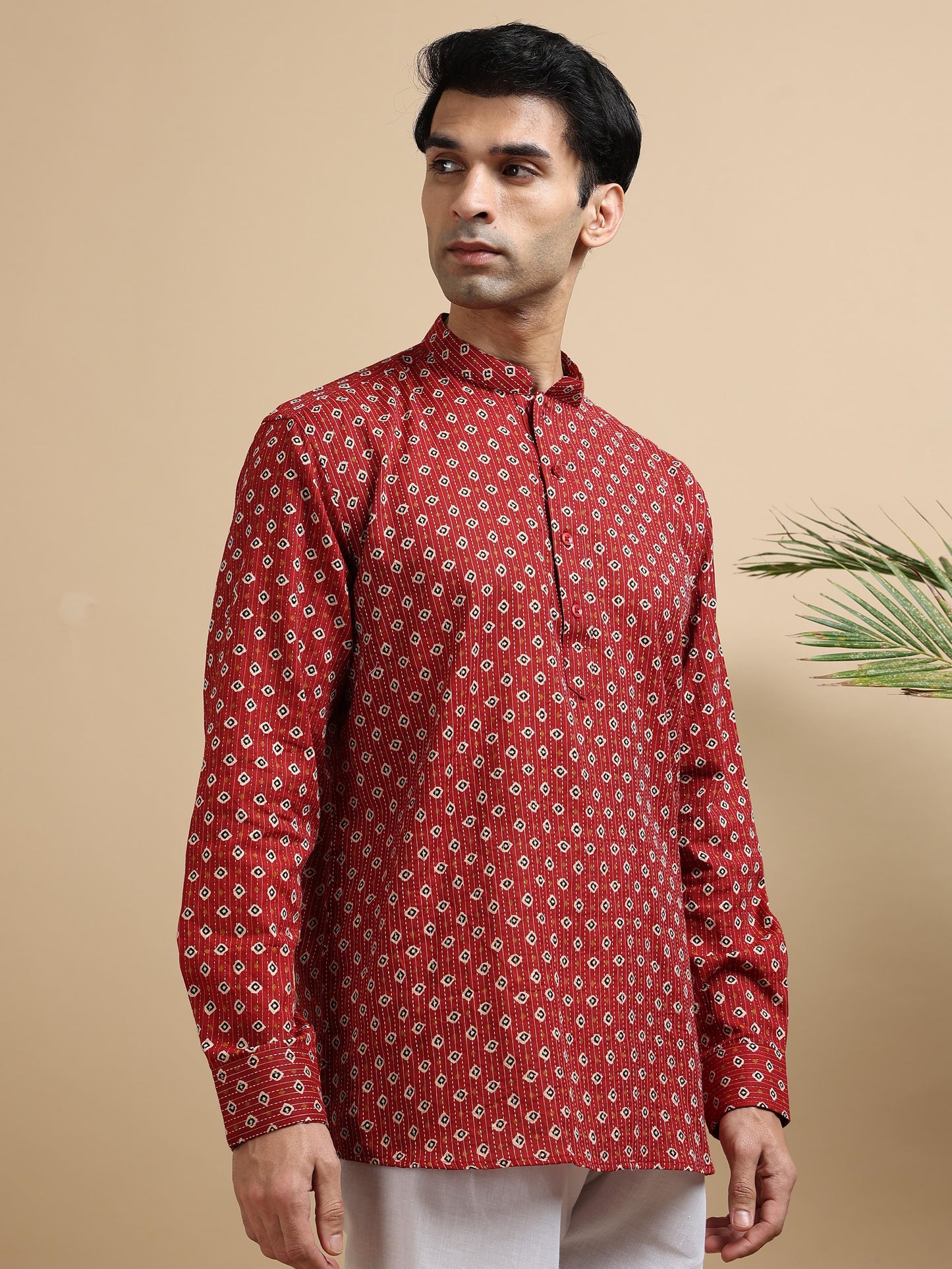 Tattva Men Geometric Printed Woven Thread Super Short Kurta