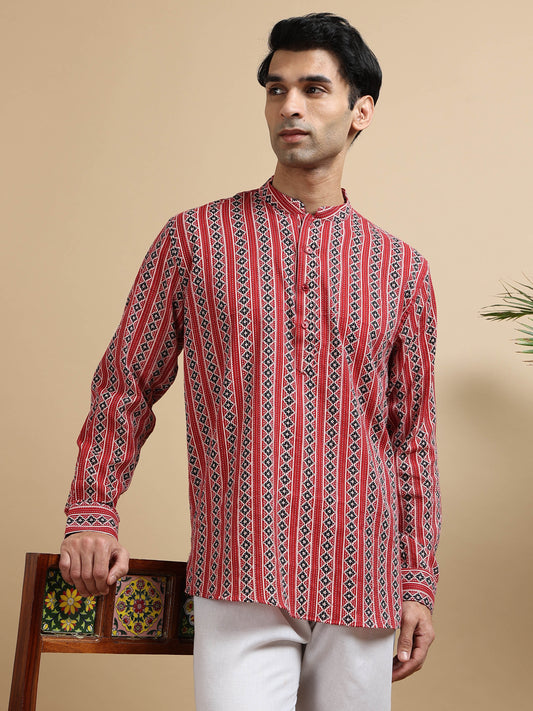 Tattva Men Geometric Printed Woven Thread Super Short Kurta