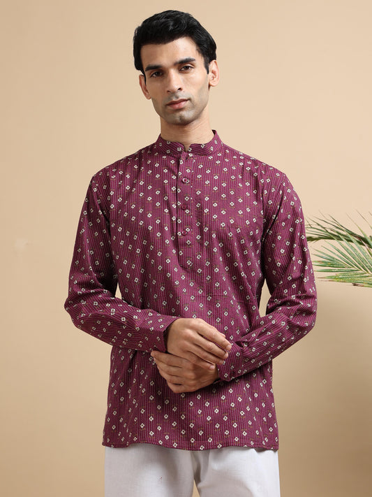 Tattva Men Floral Printed Woven Thread Super Short Kurta