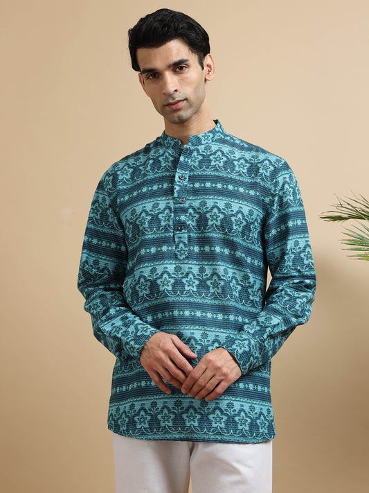 Tattva Men Floral Printed Woven Thread Super Short Kurta