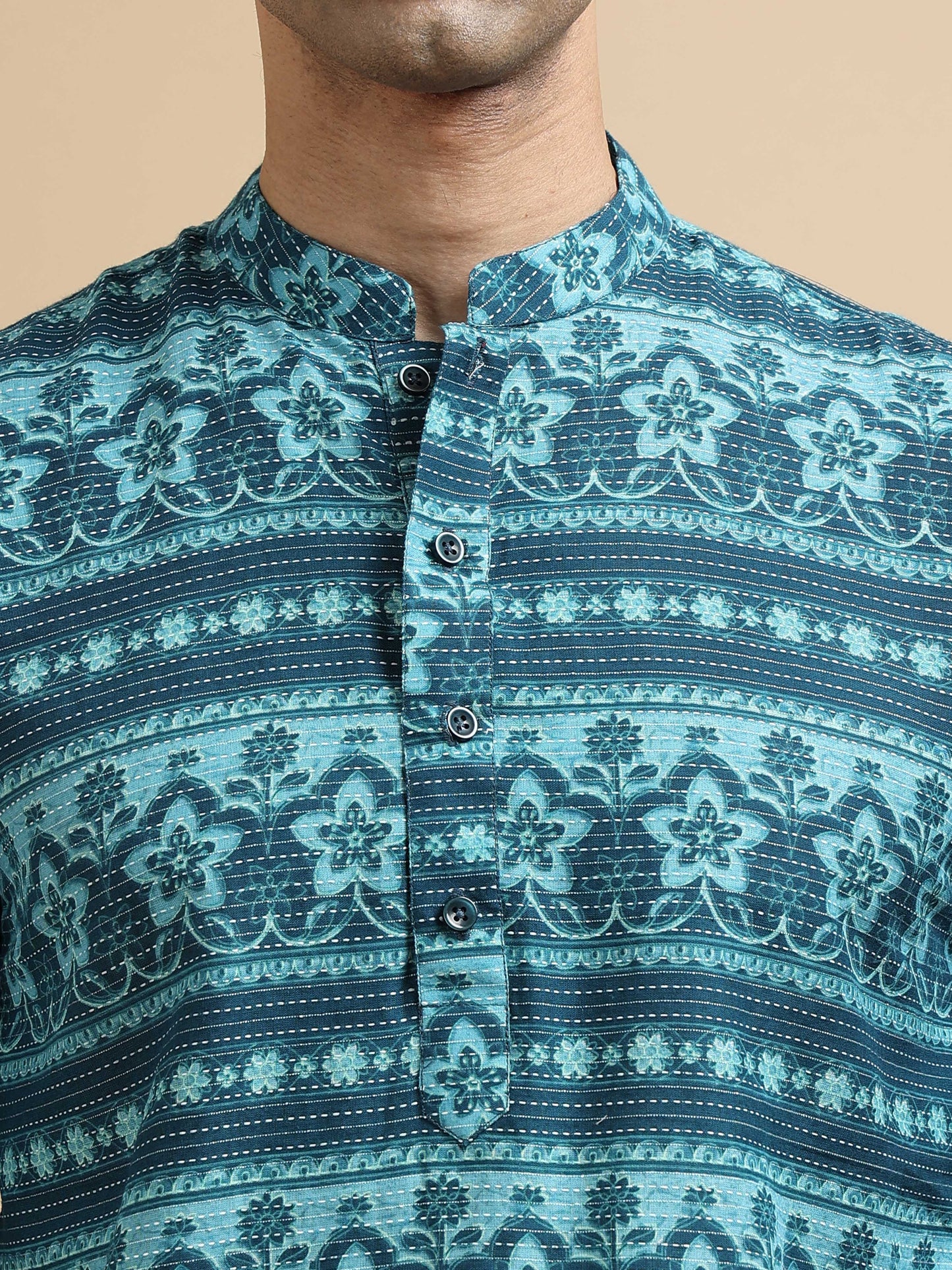 Tattva Men Floral Printed Woven Thread Super Short Kurta