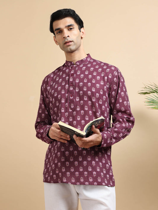 Tattva Men Floral Printed Woven Thread Super Short Kurta
