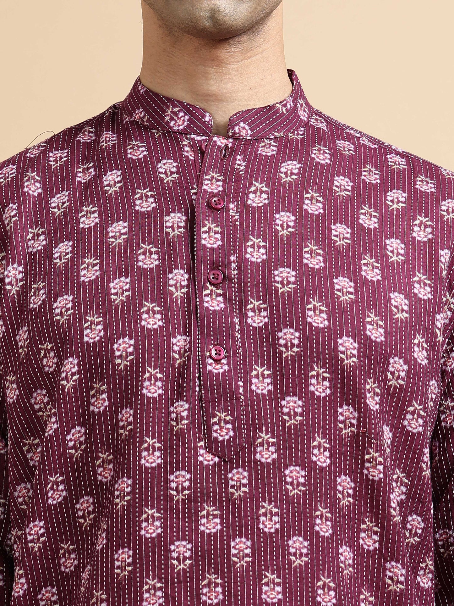 Tattva Men Floral Printed Woven Thread Super Short Kurta