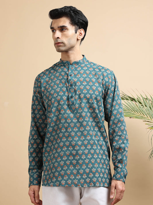 Tattva Men Floral Printed Woven Thread Super Short Kurta